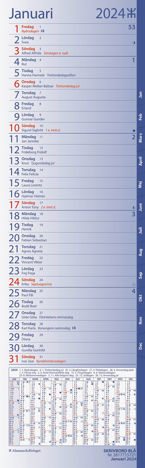 Kalender 2024 Skrivbord Blå FSC