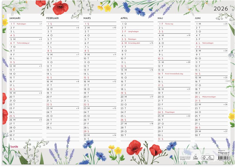 Väggkalender 2026 Väggblad Blomster