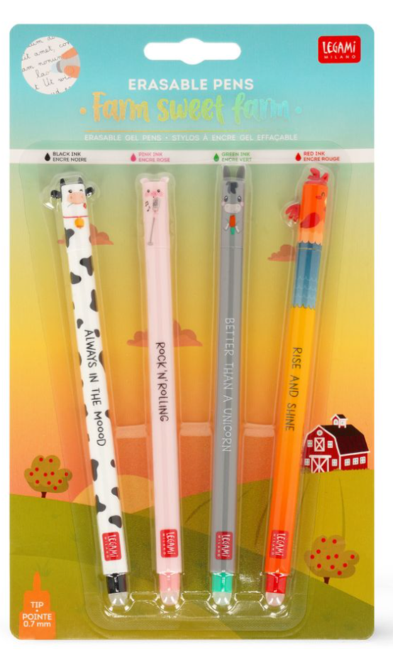 Erasable gel pen, 4-pack, Farm sweet farm, Ko/Gris/Åsna/Tupp