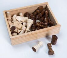 Schackpjäser i trälåda